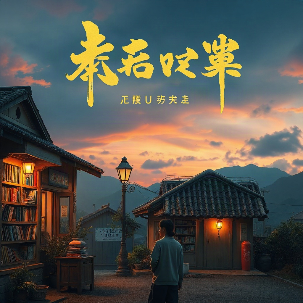 短剧《山海来信》主视觉海报，黄昏中的山村书屋与两位主角